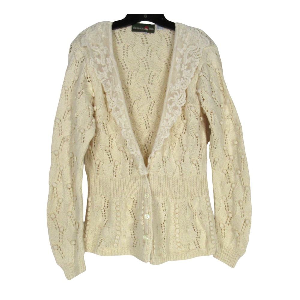 VTG OUTBACK RED Ivory POM-POM Lace Collar COTTAGECORE Button SWEATER CARDIGAN S